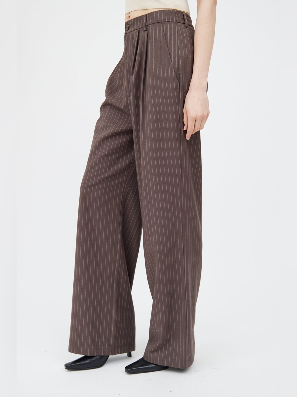 Reformation Wool Blend Pinstripe Wide Leg Pleated Trouser Pants Petite 2 Brown